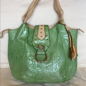 Green Sharif Flower embossed Leather Bag